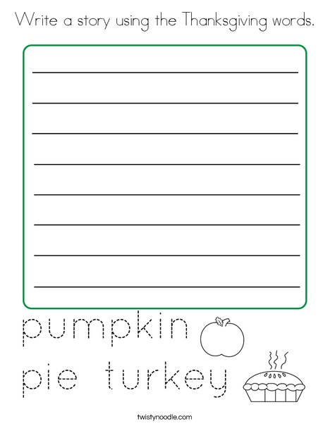 Write a story using the thanksgiving words coloring page