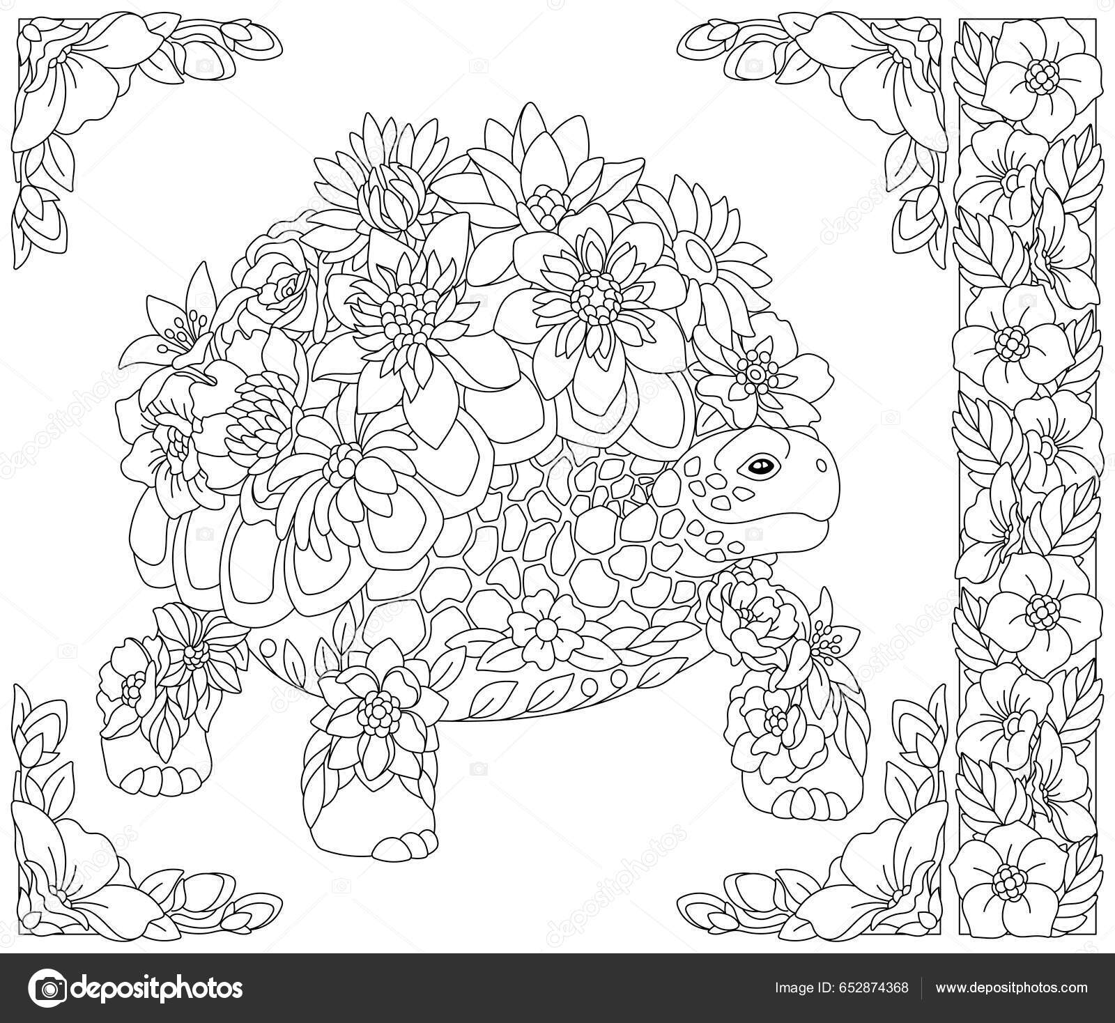 Floral turtle adult coloring book page fantasy animal flower elements stock vector by sybirko