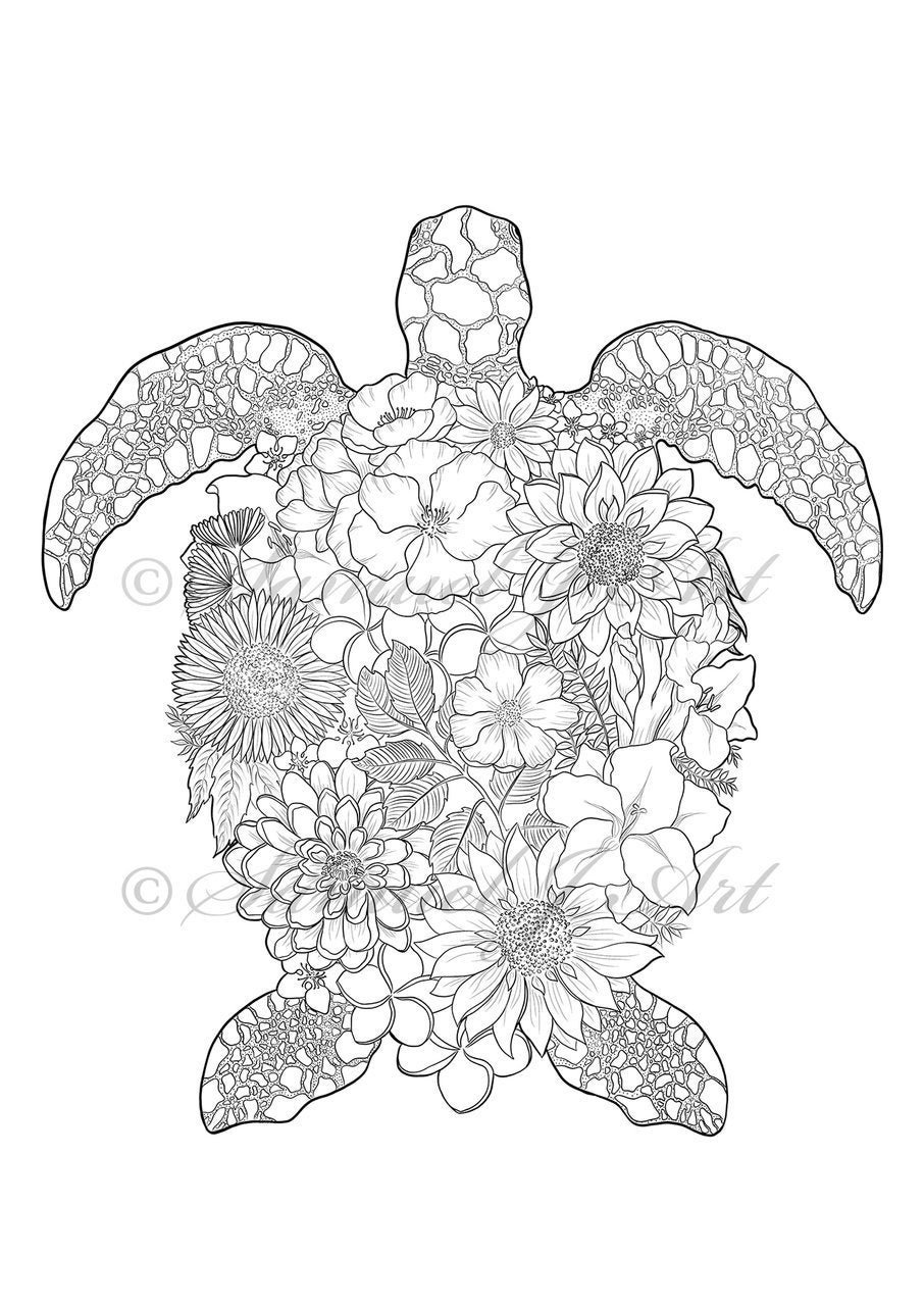 Floral turtle colouring in digital file