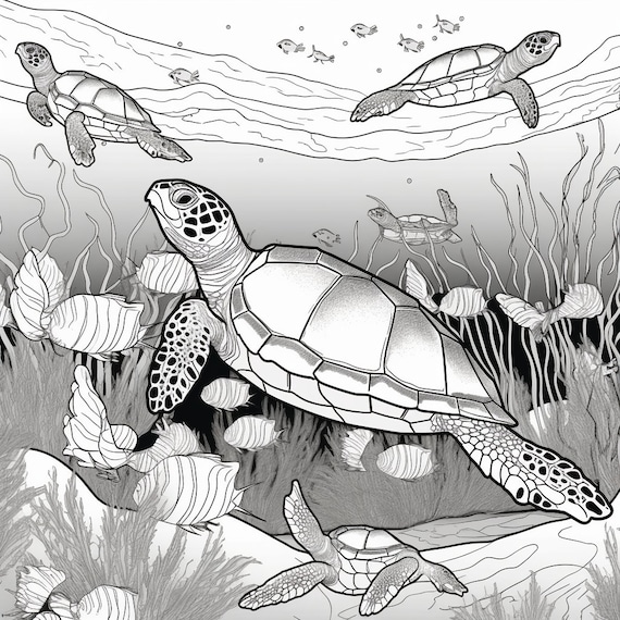 Sea turtles page coloring book for adults and children grayscale printable pdf coloring page instant download instant download