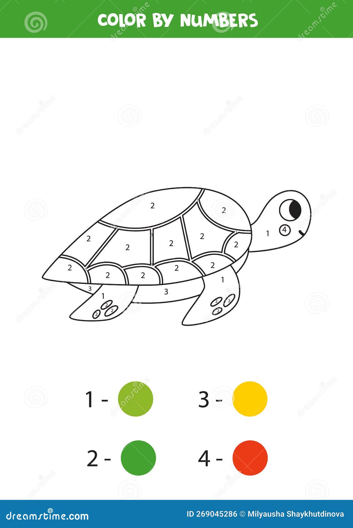 Color turtle by numbers worksheet for kids stock illustration