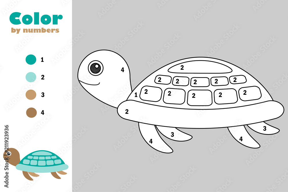 Turtle in cartoon style color by number education paper game for the development of children coloring page kids preschool activity printable worksheet vector illustration vector