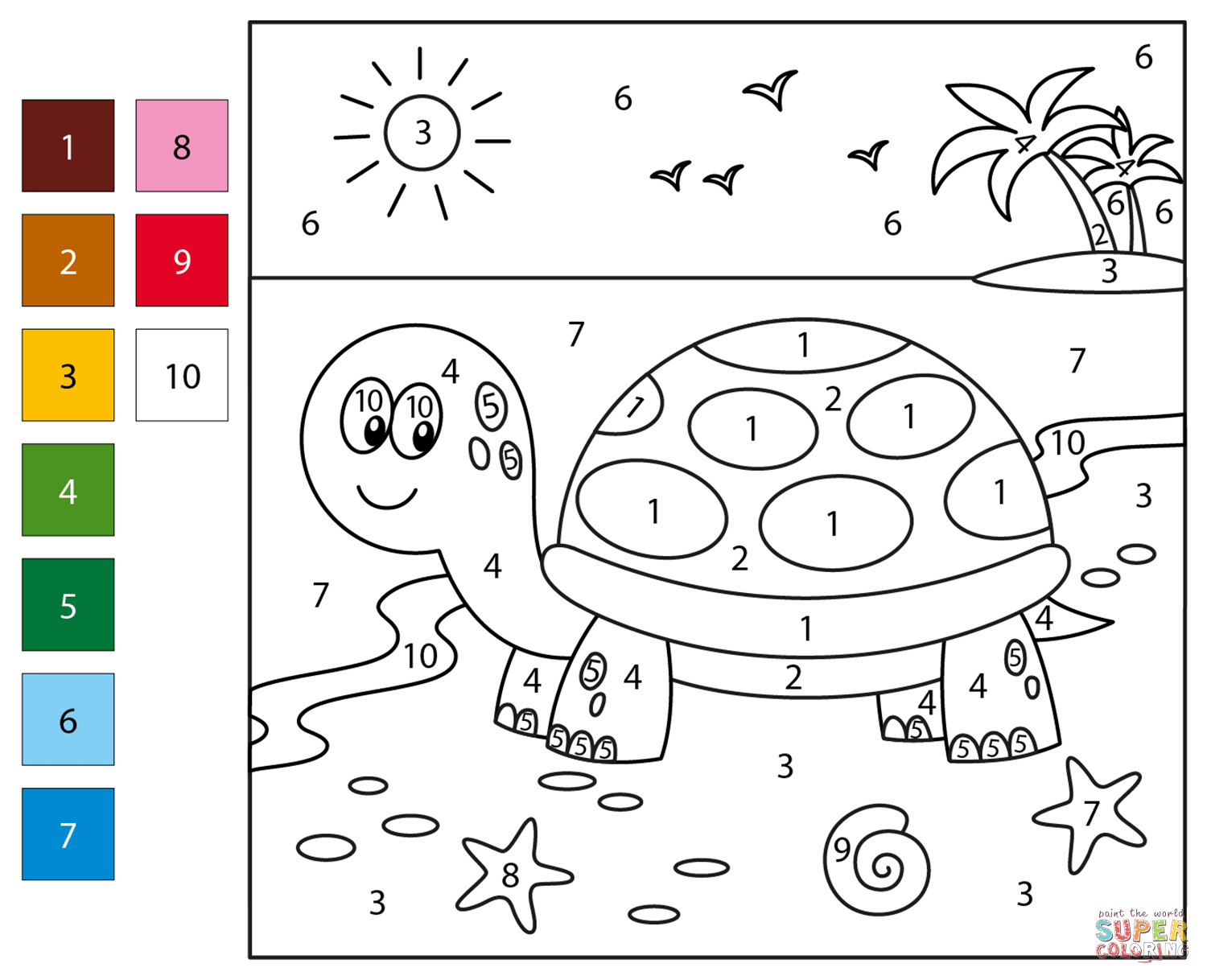 Turtle color by number free printable coloring pages