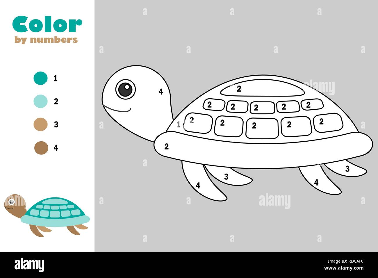 Turtle in cartoon style color by number education paper game for the development of children coloring page kids preschool activity printable work stock vector image art