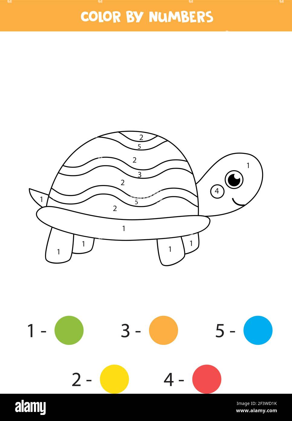 Coloring page with cute turtle color by numbers math game for kids stock vector image art