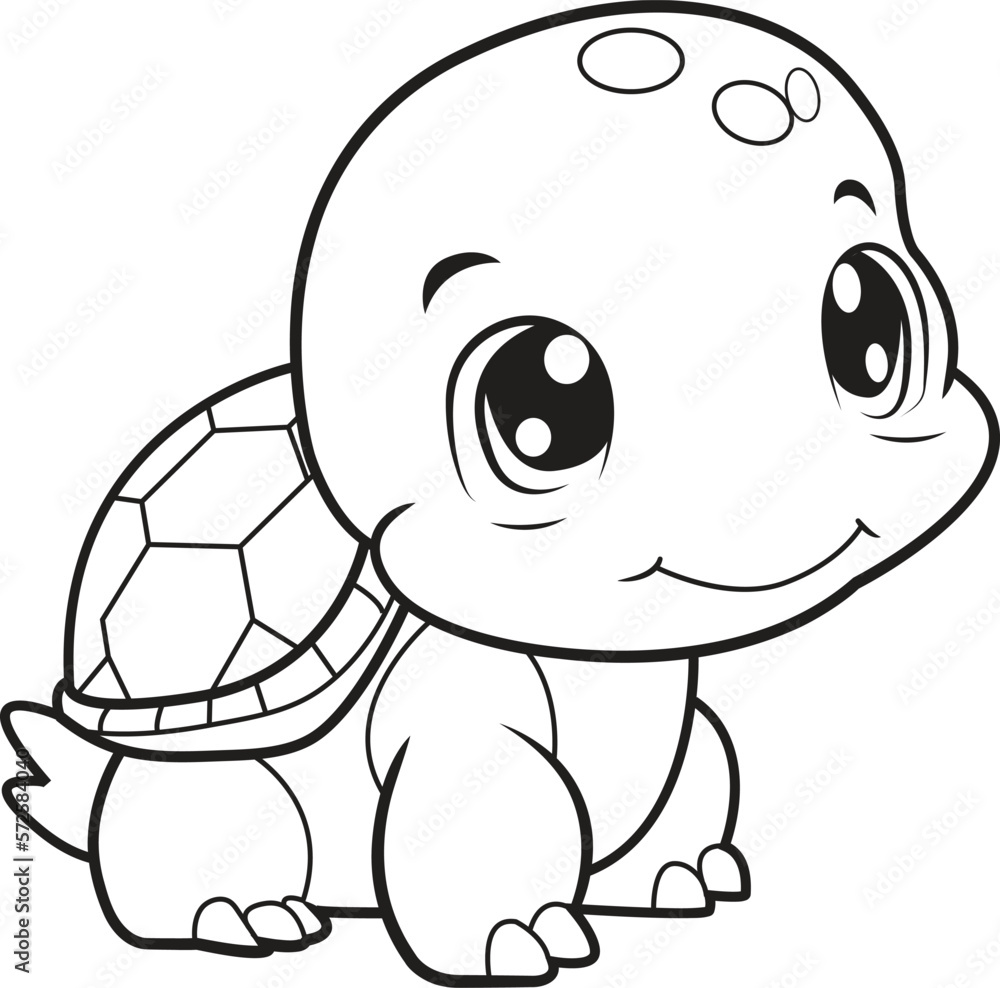 Cute turtle cartoon black and white lines animal coloring page for kids activity book vector