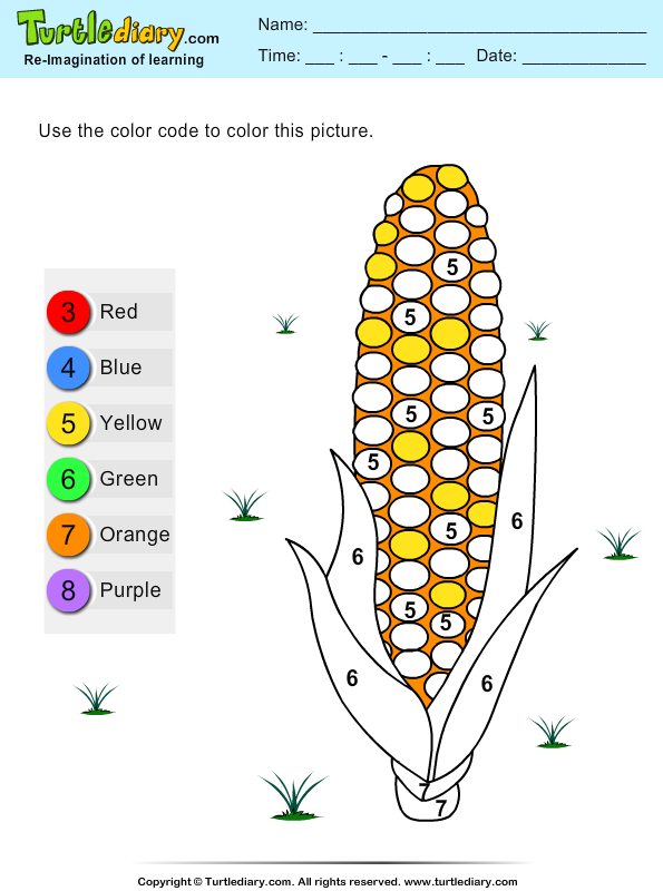 Color by number corn coloring sheet turtle diary