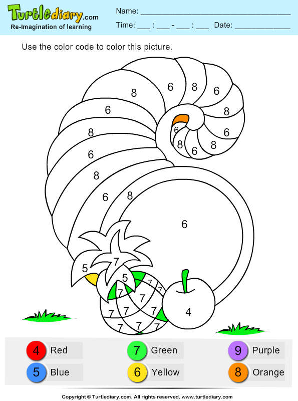 Color by number cornucopia coloring sheet turtle diary