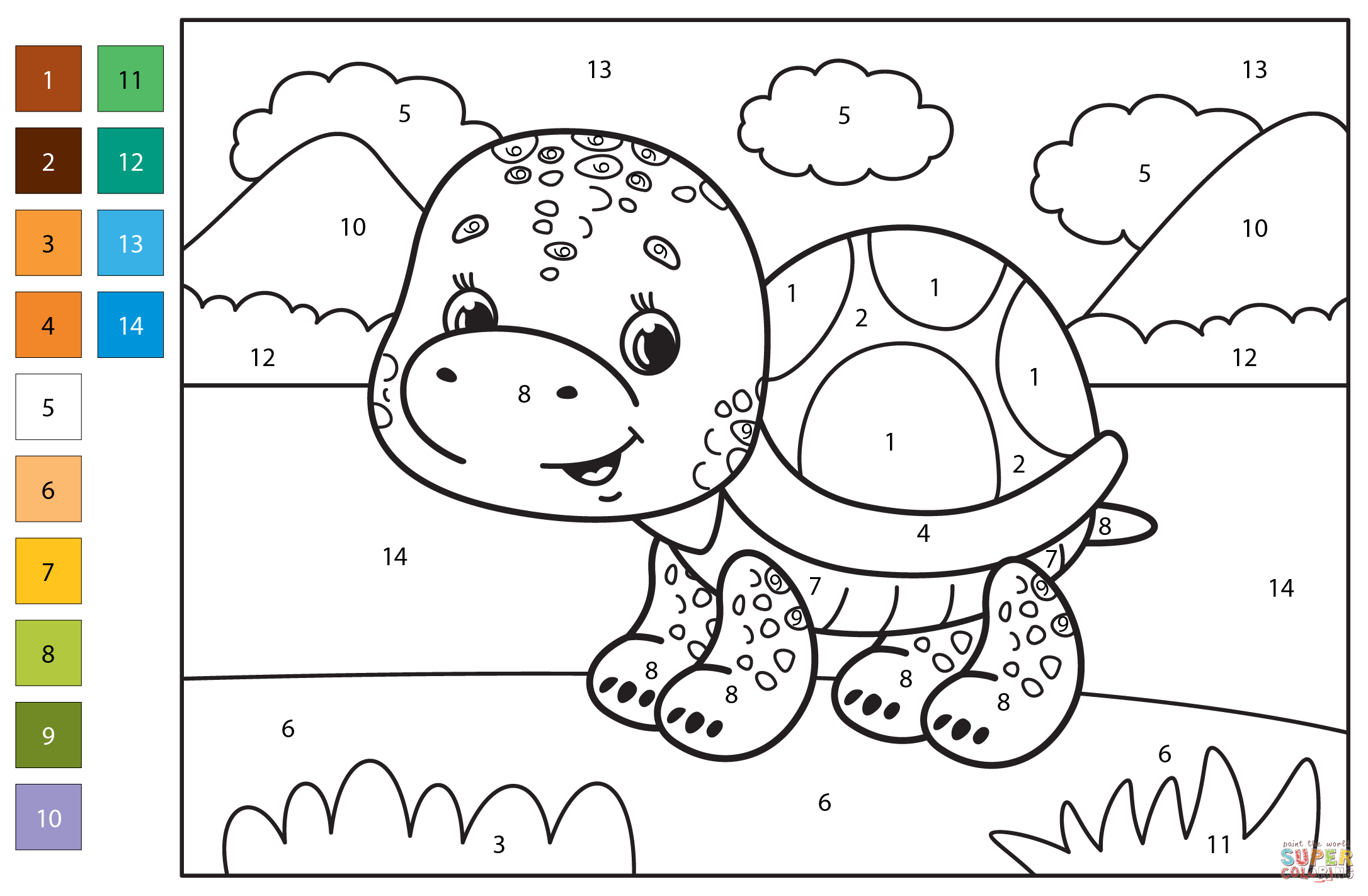 Turtle color by number free printable coloring pages