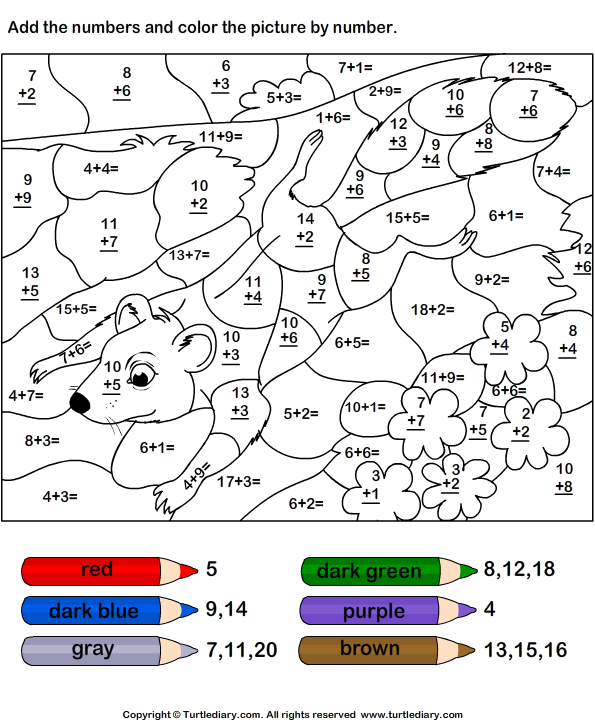 Color by number addition with numbers up to twenty turtle diary worksheet