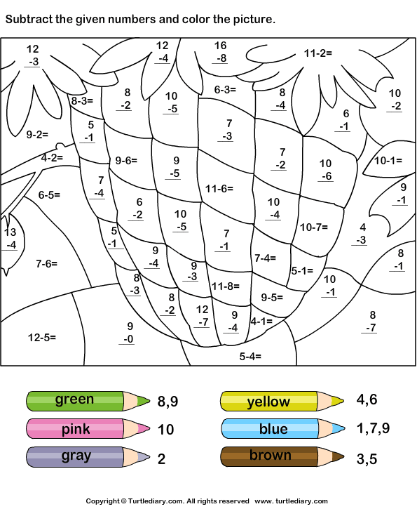 Subtract numbers up to twenty and color picture turtle diary worksheet