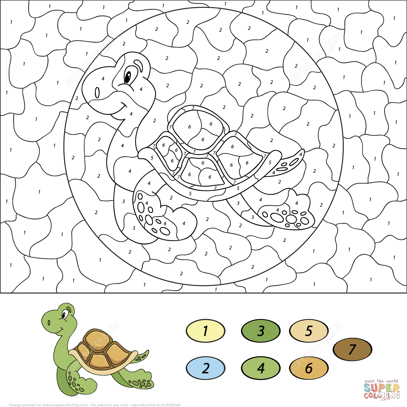 Sea turtle color by number free printable coloring pages