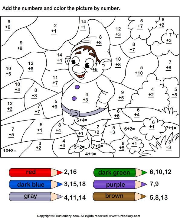 Color by number addition with sums up to twenty turtle diary worksheet