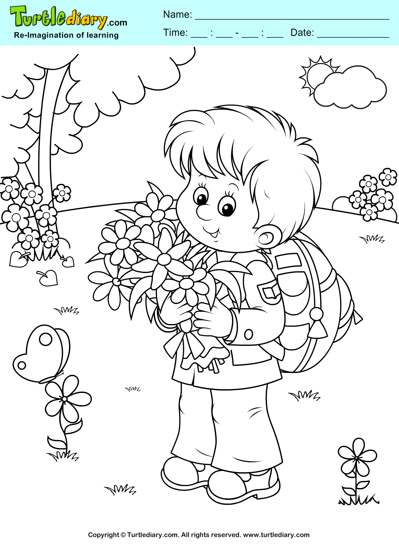 Boy with flowers coloring sheet turtle diary