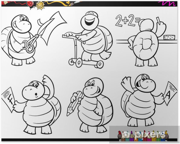 Poster school turtle set cartoon coloring page