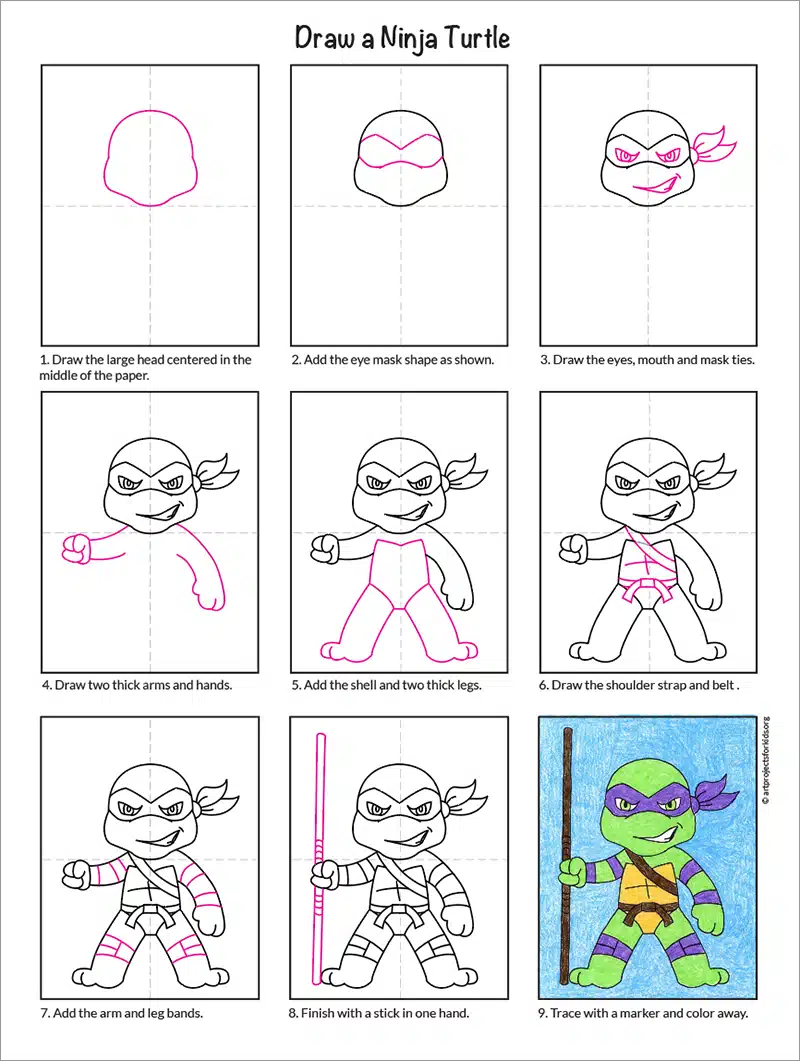 Easy how to draw ninja turtles tutorial video and coloring page