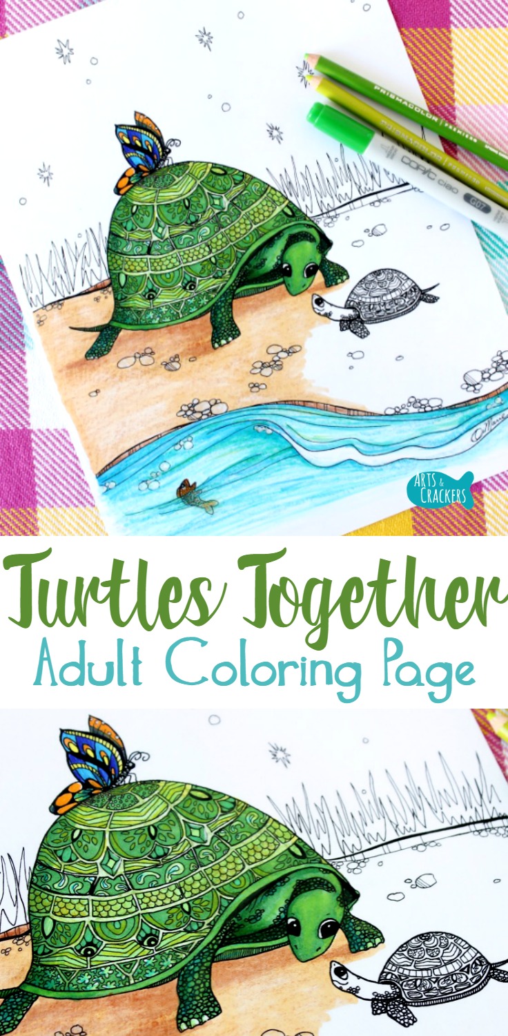 Turtles together turtle coloring page for adults