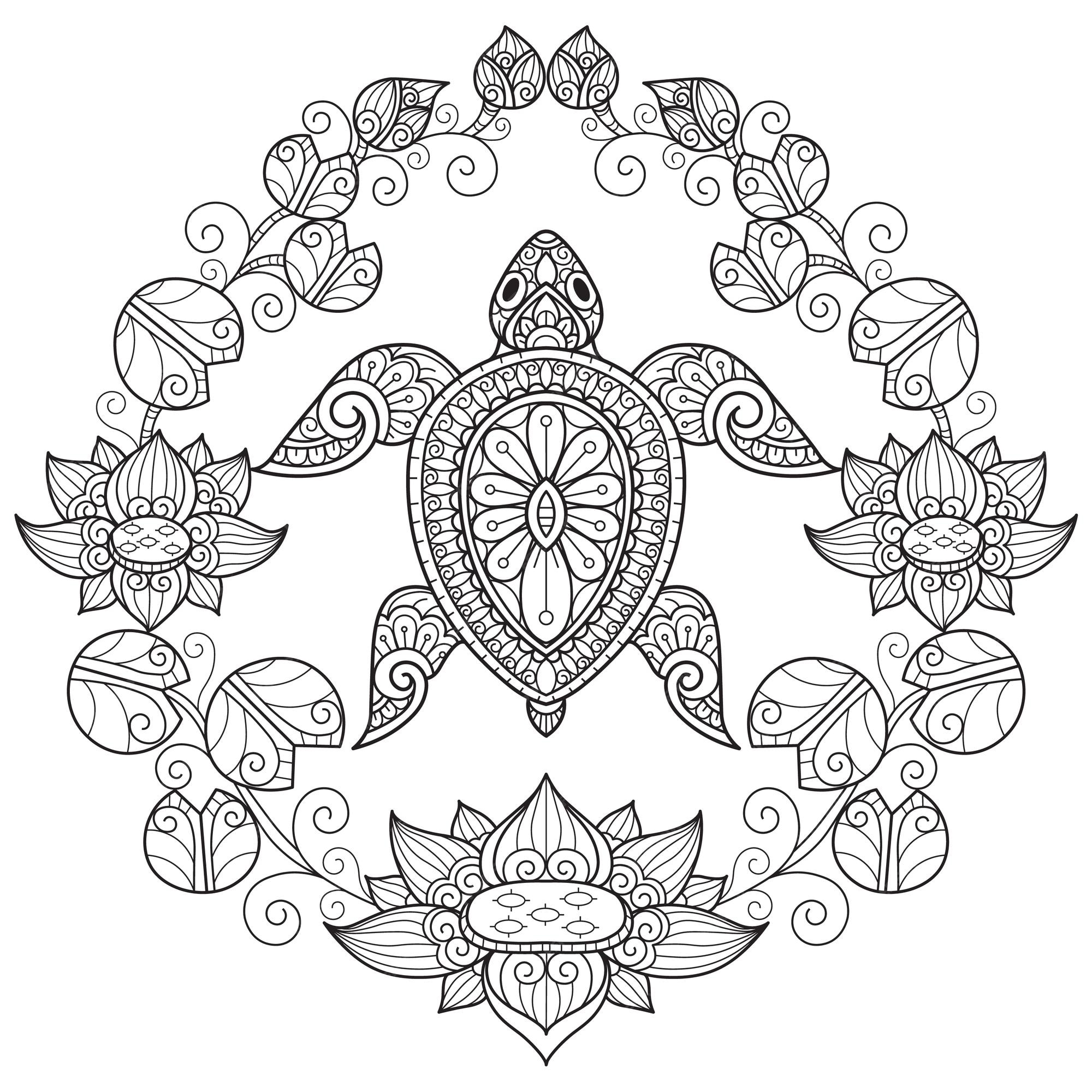 Premium vector turtle and water lily hand drawn sketch illustration for adult coloring book