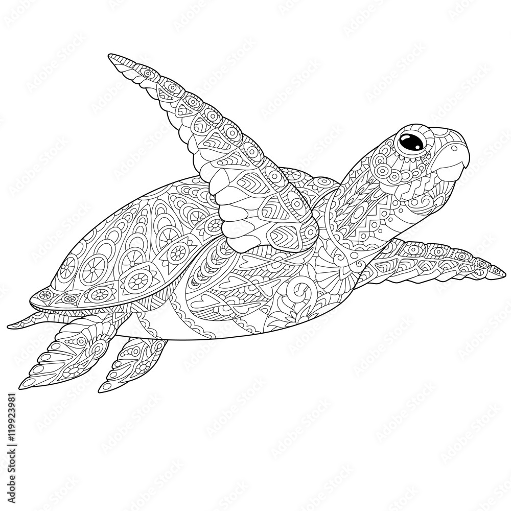 Stylized underwater turtle tortoise freehand sketch for adult anti stress coloring book page with doodle and zentangle elements vector