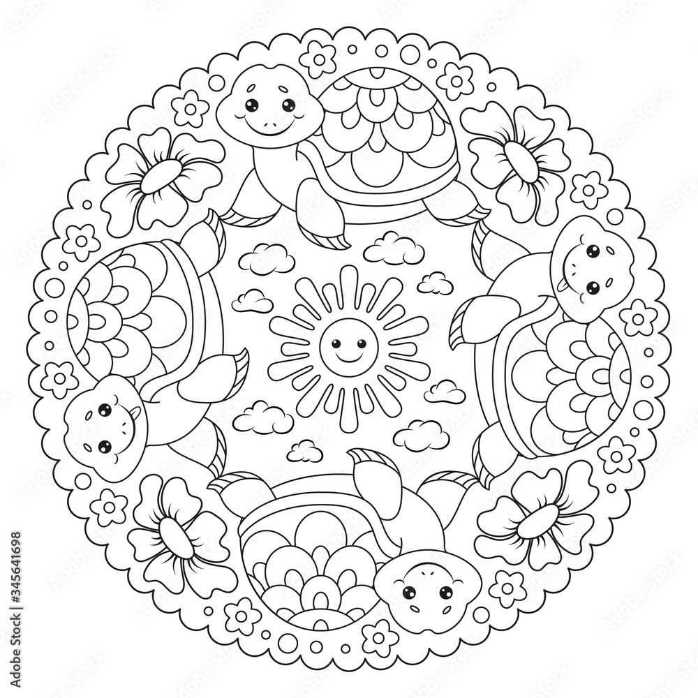 Coloring page mandala with turtle sun flower cloud vector illustration vector