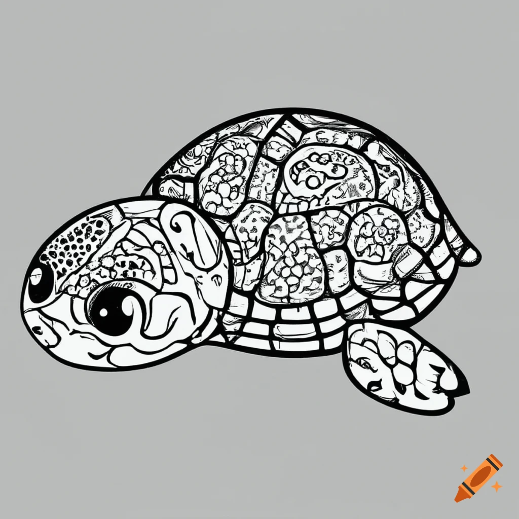 Kawaii coloring page of a sea turtle surrounded by ocean black and white on