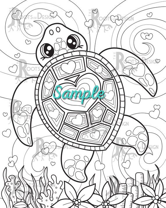 Instant download coloring page valentine sea turtle heart print doodle art printable