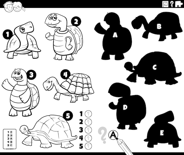 Premium vector shadows game with funny turtles characters coloring page
