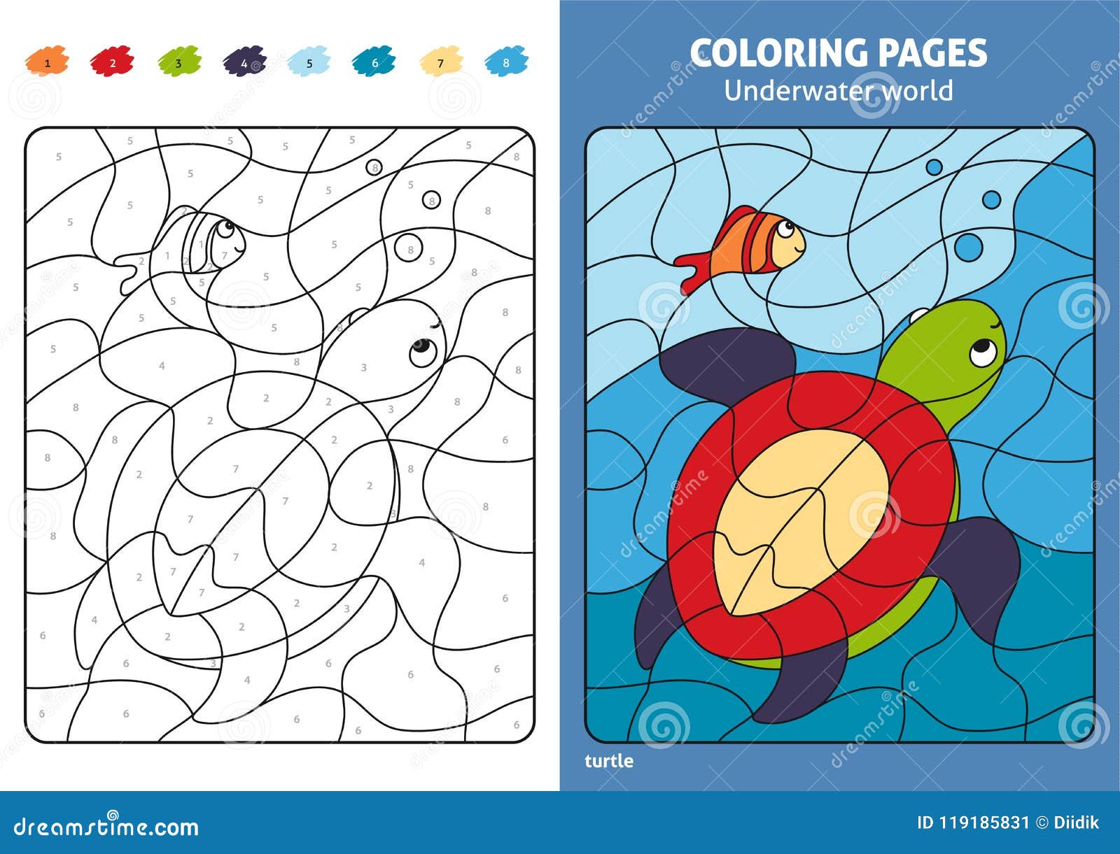 Underwater world coloring page for kids turtle and fish stock vector