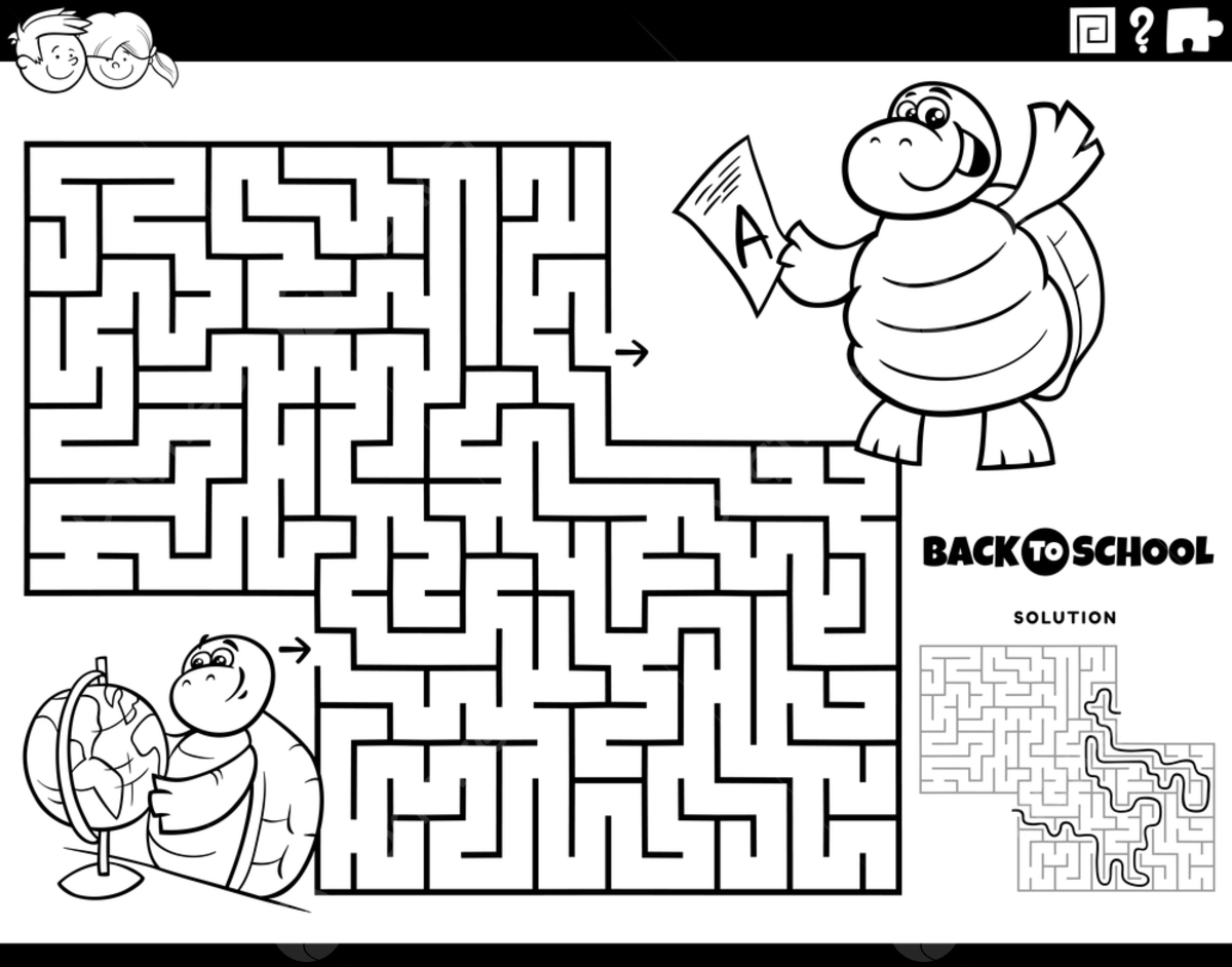 Black and white cartoon illustration of educational maze puzzle game for children with turtle pupil studying for a geography test coloring page template download on