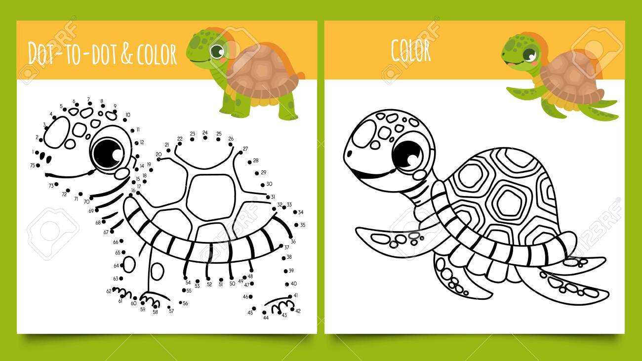 Turtle games dot by dot and coloring game with cute turtles vector illustration funny happy tortoises drawn with contour lines puzzle or riddle for children with aquatic and terrestrial reptiles royalty free