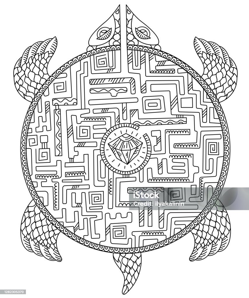 Turtle maze game animal puzzle labyrinth path ornamental silhouette turtle tattoo totem sketch hand drawn contour vector line sketch stock illustration