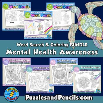 Mental health awareness word search puzzle mindfulness coloring pages bundle