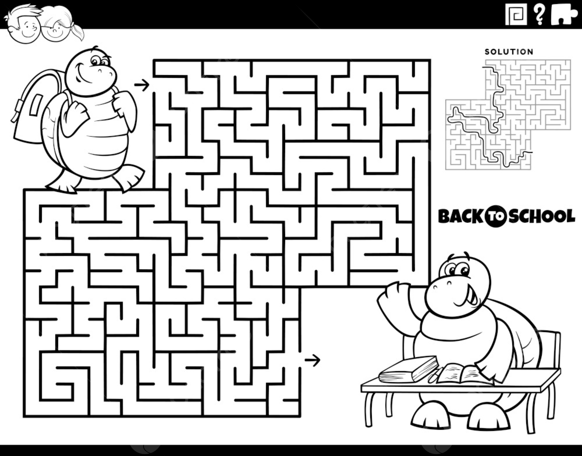 Black and white cartoon illustration of educational maze puzzle game for children with turtle pupil going to school coloring page template download on