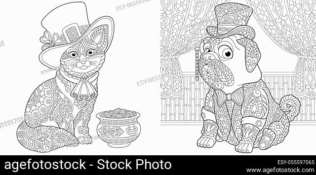 Coloring pages cat and chihuahua dog in funny accessories stock vector vector and low budget royalty free image pic esy