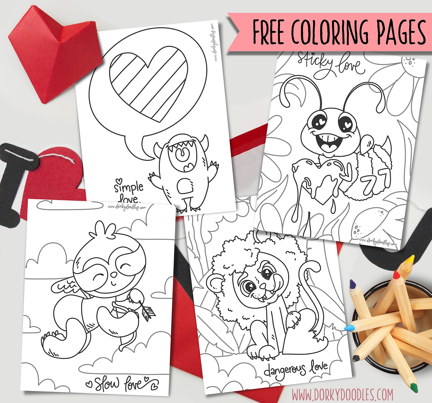 Four adorable valentine coloring pages for kids and adults â dorky doodles