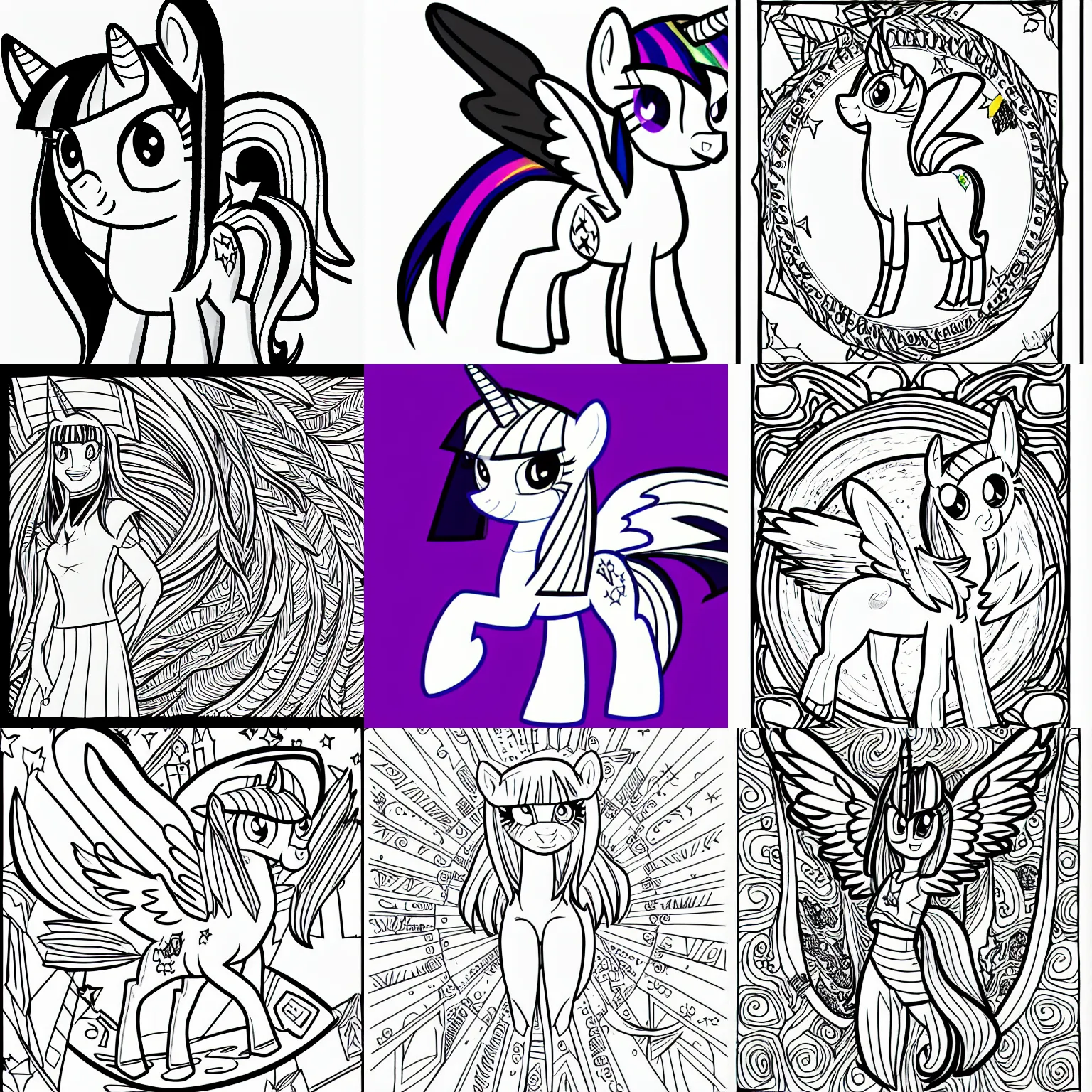 Twilight sparkle uncolored black and white page from stable diffusion