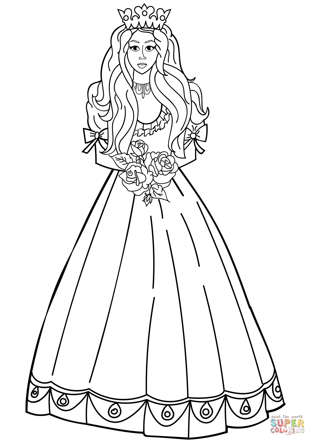 Princess with roses bouquet coloring page free printable coloring pages