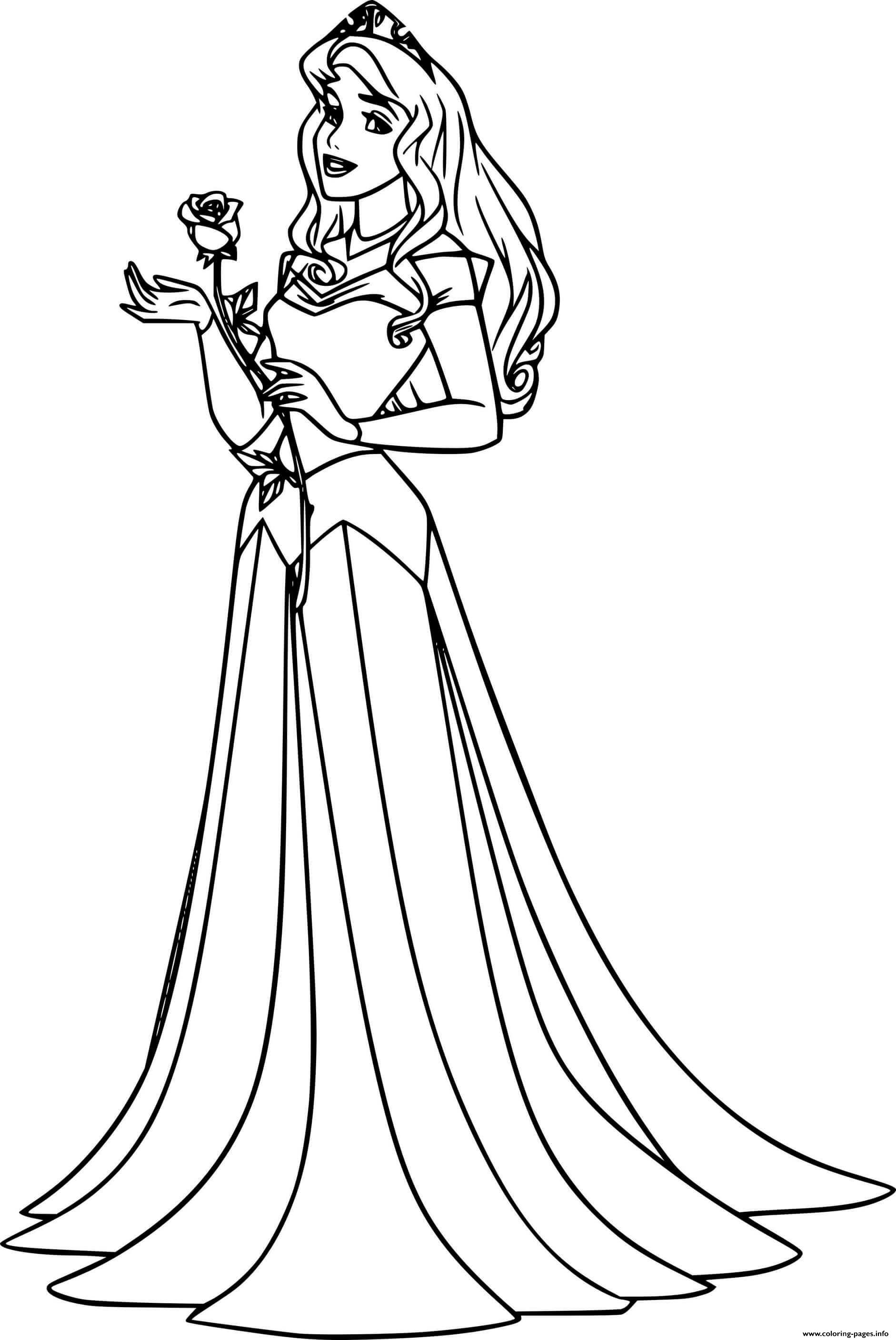 Aurora holds a rose disney princess coloring page printable