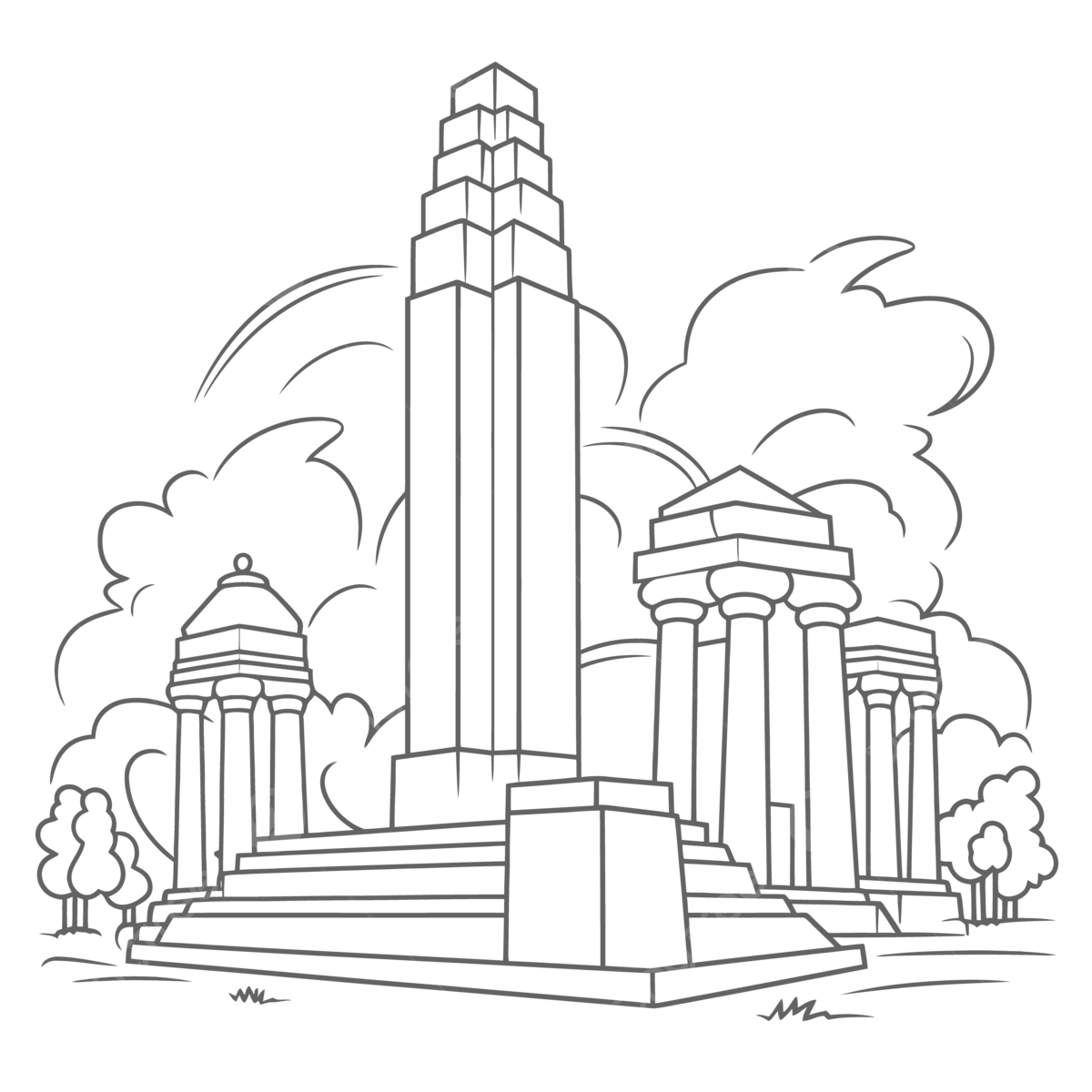 Coloring page with the memorial and the buildings near it outline sketch drawing vector wing drawing ring drawing ear drawing png and vector with transparent background for free download