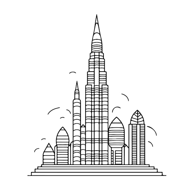 Premium vector sketch hand drawn single line art coloring page menara burj khalifa day