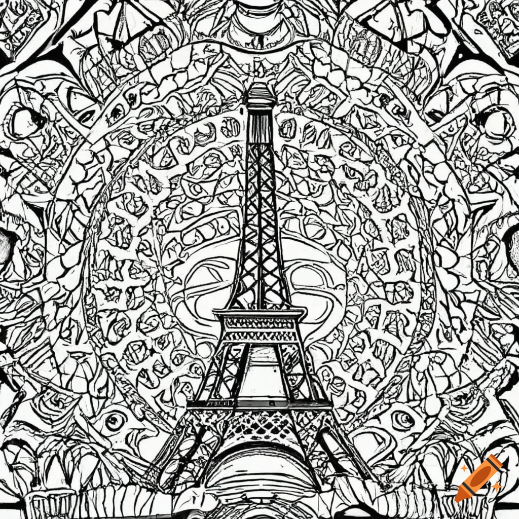 Coloring page of the eiffel tower with intricate patterns on