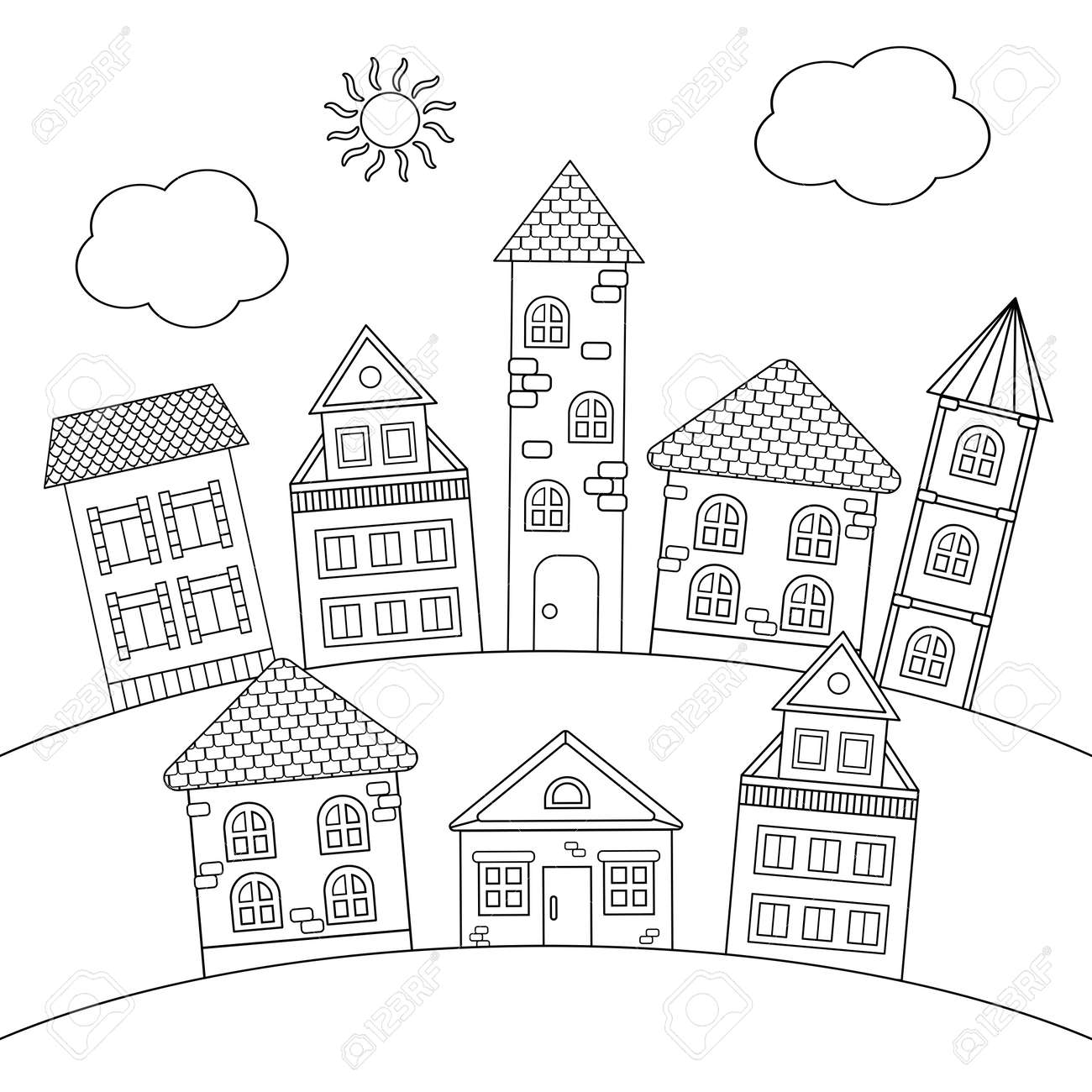 Coloring page with houses and towers on the hill royalty free svg cliparts vectors and stock illustration image