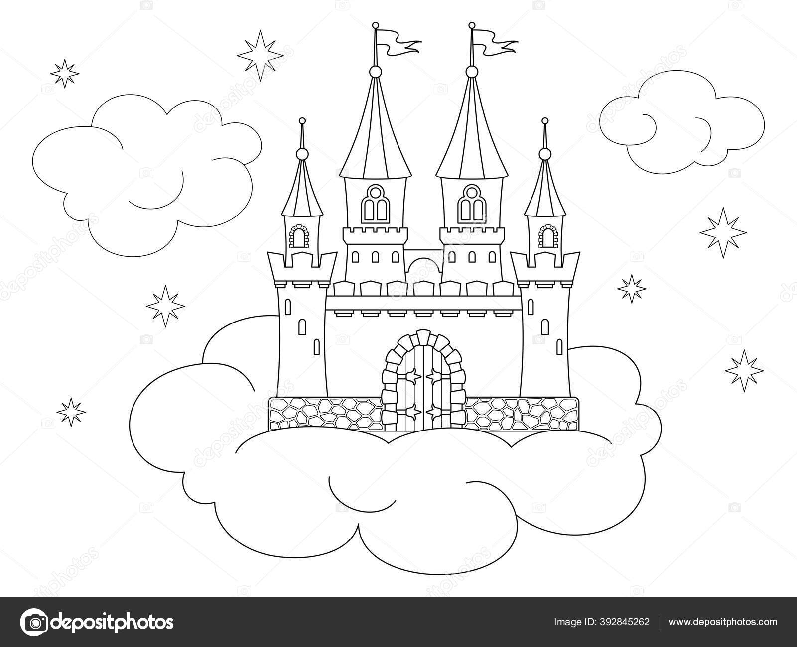 Coloring page castle sky cloud towers windows flying flags conical stock vector by mysticamailru