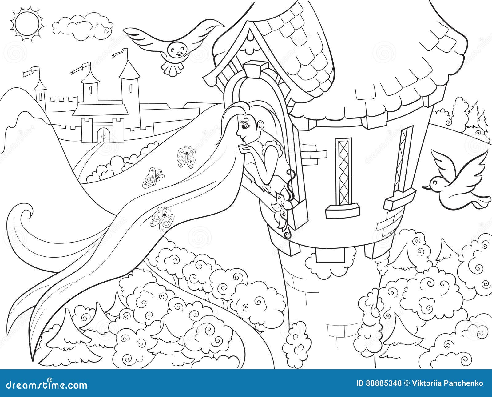 Princess rapunzel in the stone tower coloring for children cartoon vector illustration stock vector