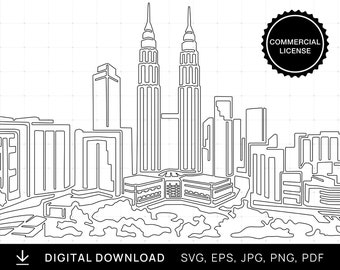 Kuala lumpur skyline svg printable wall art with the kl cityscape and petronas towers as single line drawing mercial license