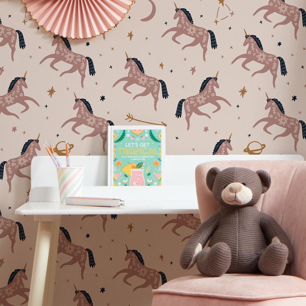 Twinkle twinkle unirn wallpaper in dusky pink and navy i love wallpaper