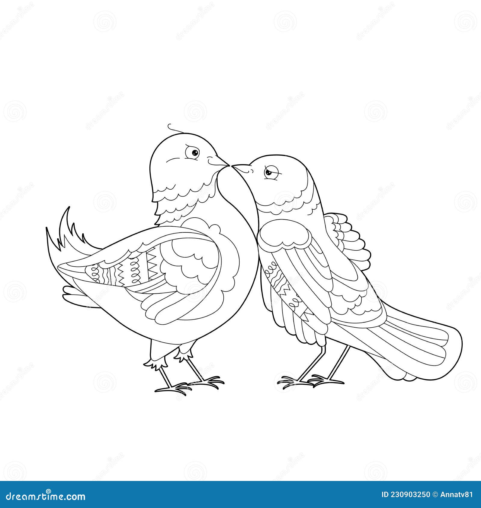 Two cute birds doodle style black and white background funny doves coloring book pages stock vector