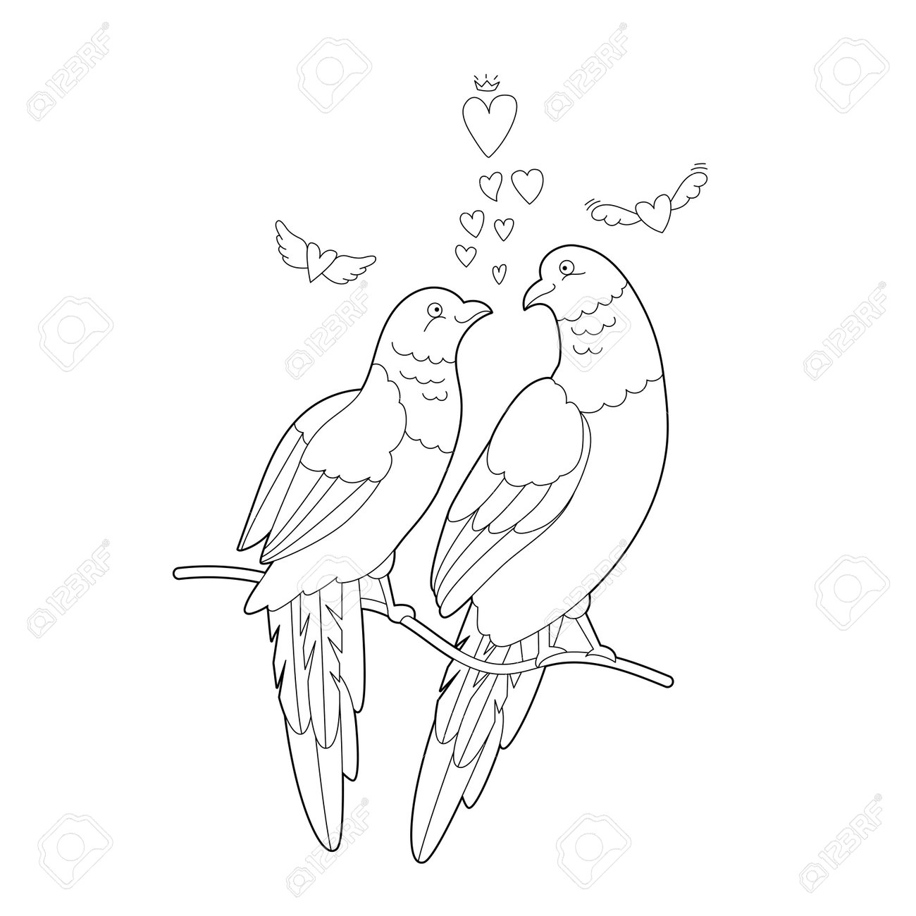 Contour linear illustration for coloring book with two pretty birds beautiful cute couple anti stress picture line art design for adult or kids in zen