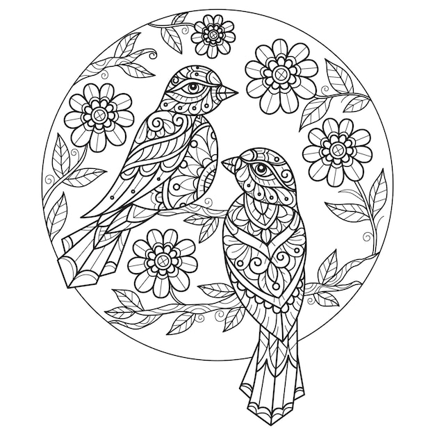 Premium vector two bird in circle flowers hand drawn for adult coloring book