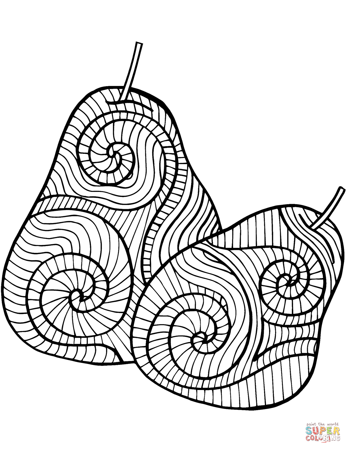 Two zentangle pears coloring page free printable coloring pages